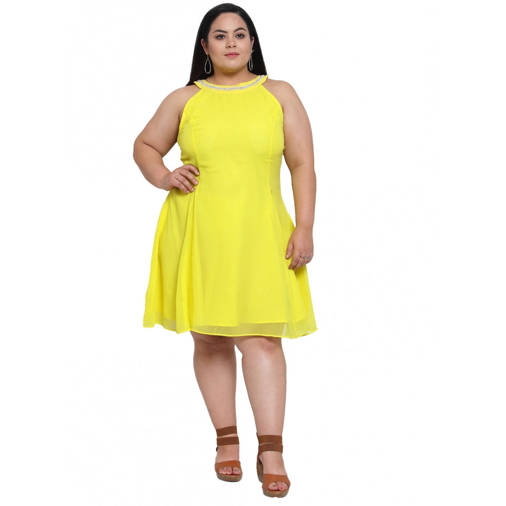 Generic Women's Georgette Solid Knee Length Fit and Flare Dress (Yellow)