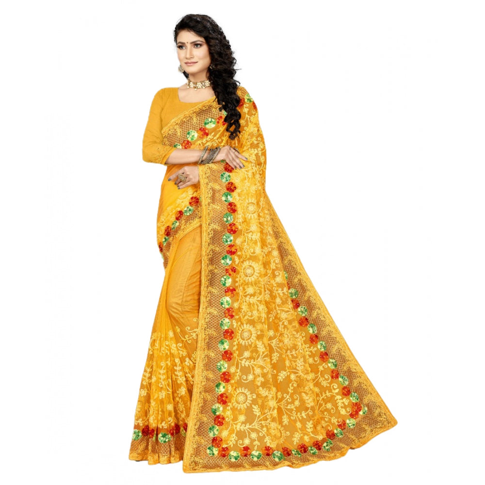 Generic Women's Net Saree With Blouse (Yellow, 5-6Mtrs)