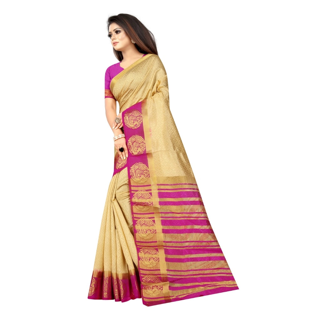 Generic Women's Kanjivaram Silk Saree With Unstitched Blouse Piece (Beige, 5-6 Mtrs)