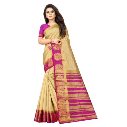 Generic Women's Kanjivaram Silk Saree With Unstitched Blouse Piece (Beige, 5-6 Mtrs)