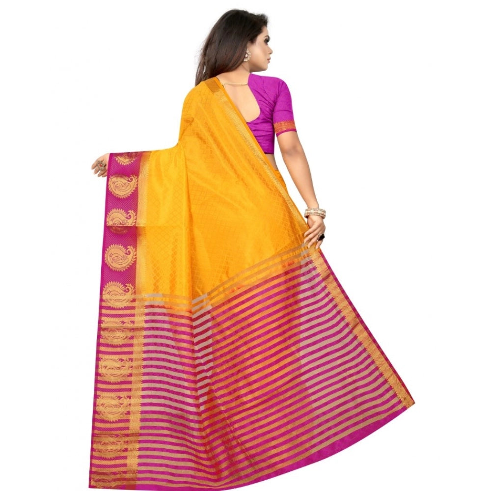 Generic Women's Kanjivaram Silk Saree With Unstitched Blouse Piece (Yellow, 5-6 Mtrs)