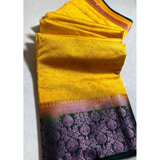 Generic Women's Kanjivaram Silk Saree With Unstitched Blouse Piece (Yellow, 5-6 Mtrs)