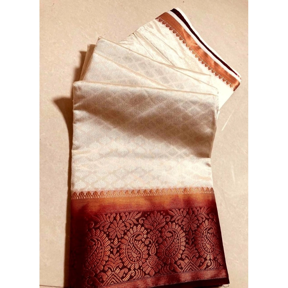 Generic Women's Kanjivaram Silk Saree With Unstitched Blouse Piece (White, 5-6 Mtrs)