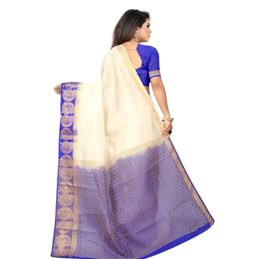 Generic Women's Kanjivaram Silk Saree With Unstitched Blouse Piece (White, 5-6 Mtrs)