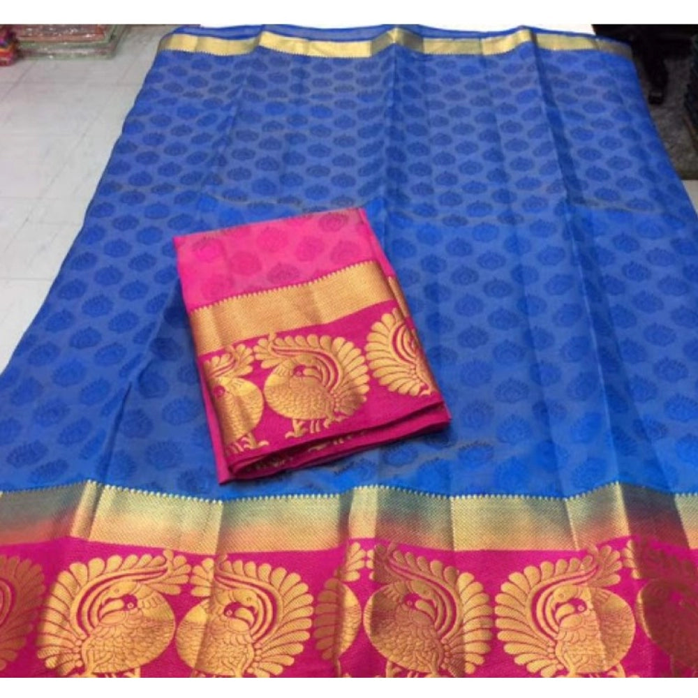 Generic Women's Kanjivaram Silk Saree With Unstitched Blouse Piece (Blue, 5-6 Mtrs)