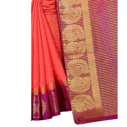 Generic Women's Kanjivaram Silk Saree With Unstitched Blouse Piece (Peach, 5-6 Mtrs)