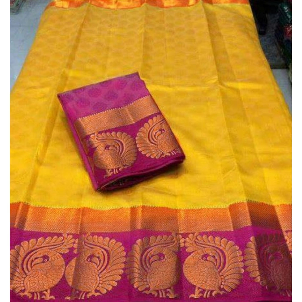 Generic Women's Kanjivaram Silk Saree With Unstitched Blouse Piece (Yellow, 5-6 Mtrs)