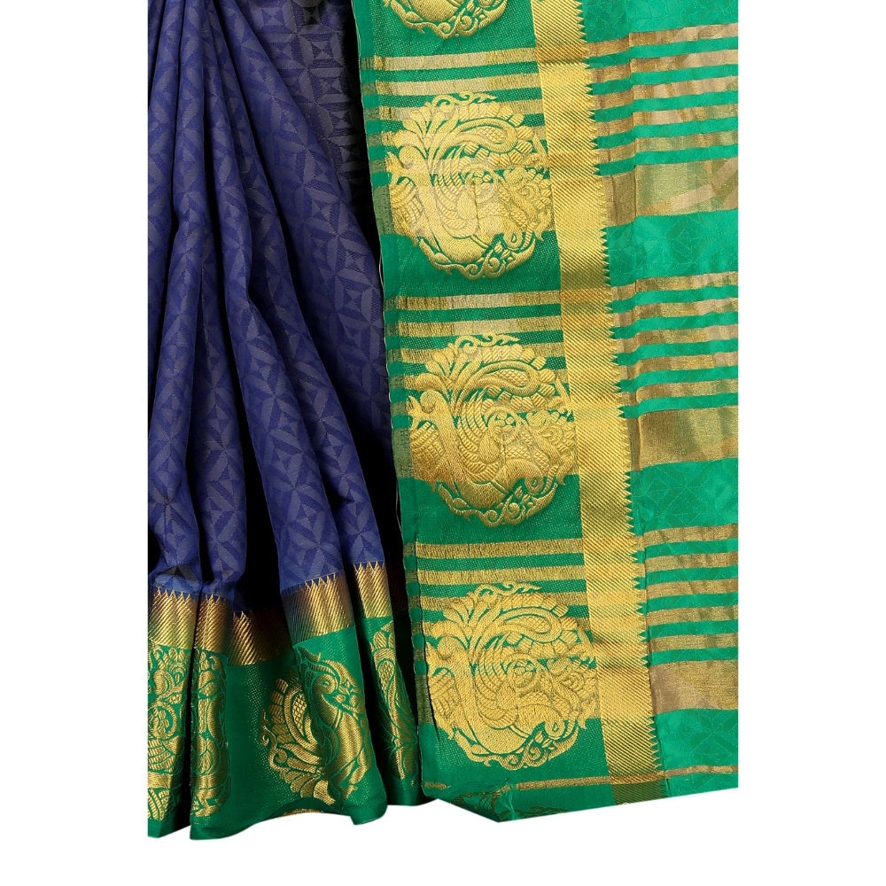 Generic Women's Kanjivaram Silk Saree With Unstitched Blouse Piece (Blue, 5-6 Mtrs)