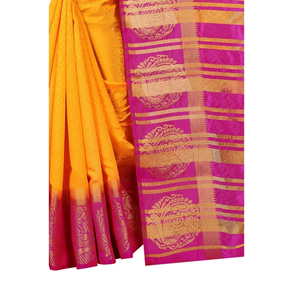 Generic Women's Kanjivaram Silk Saree With Unstitched Blouse Piece (Yellow, 5-6 Mtrs)