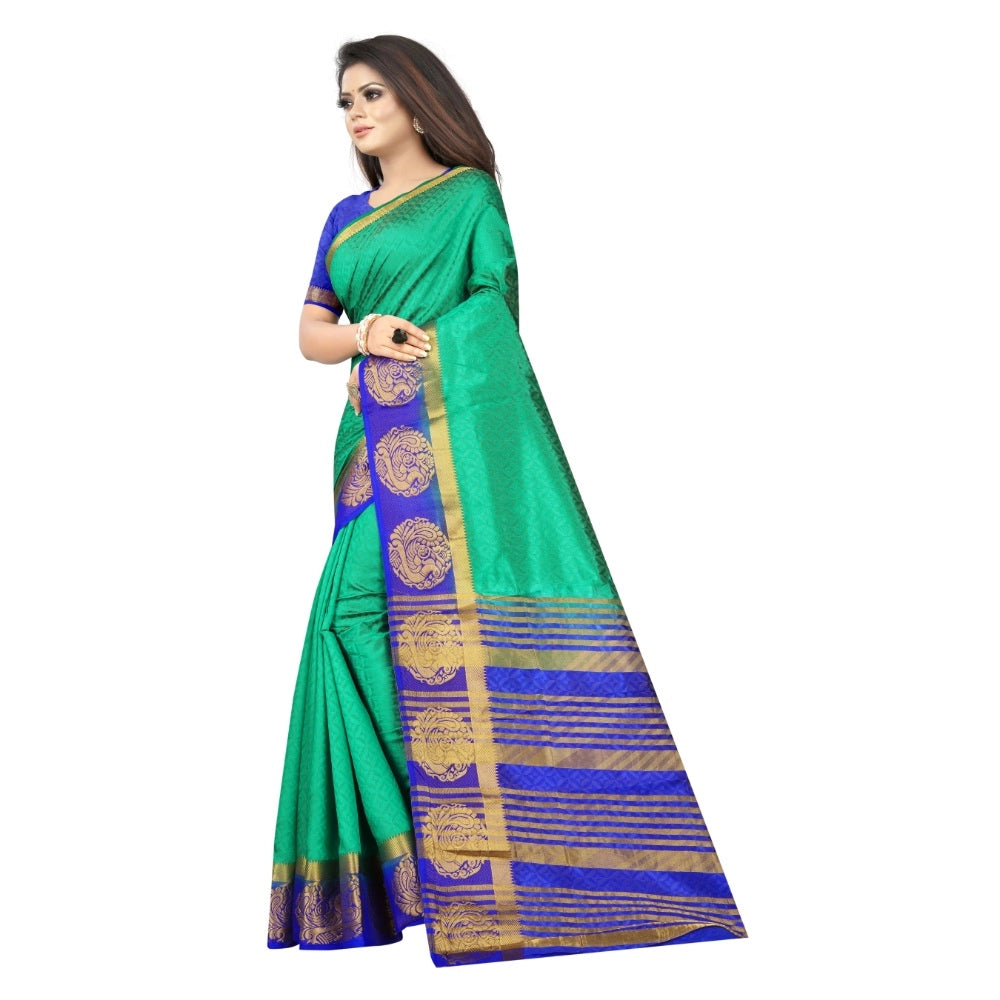 Generic Women's Kanjivaram Silk Saree With Unstitched Blouse Piece (Green, 5-6 Mtrs)