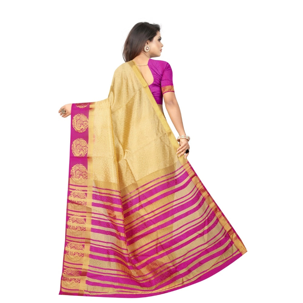 Generic Women's Kanjivaram Silk Saree With Unstitched Blouse Piece (Beige, 5-6 Mtrs)