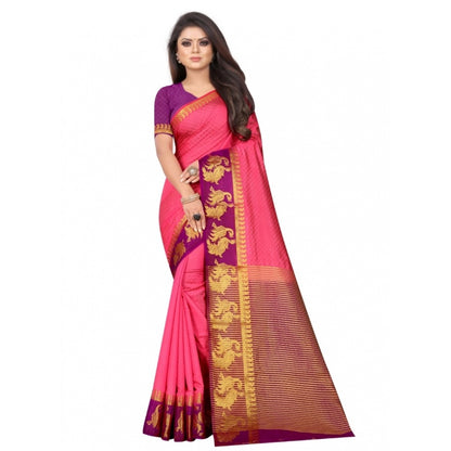 Generic Women's Kanjivaram Silk Saree With Unstitched Blouse Piece (Peach, 5-6 Mtrs)