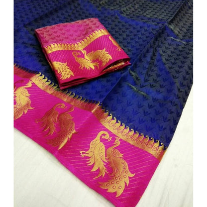 Generic Women's Kanjivaram Silk Saree With Unstitched Blouse Piece (Navy Blue, 5-6 Mtrs)