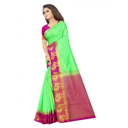 Generic Women's Kanjivaram Silk Saree With Unstitched Blouse Piece (Light Green, 5-6 Mtrs)