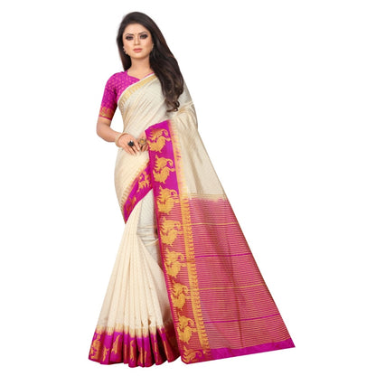 Generic Women's Kanjivaram Silk Saree With Unstitched Blouse Piece (White, 5-6 Mtrs)