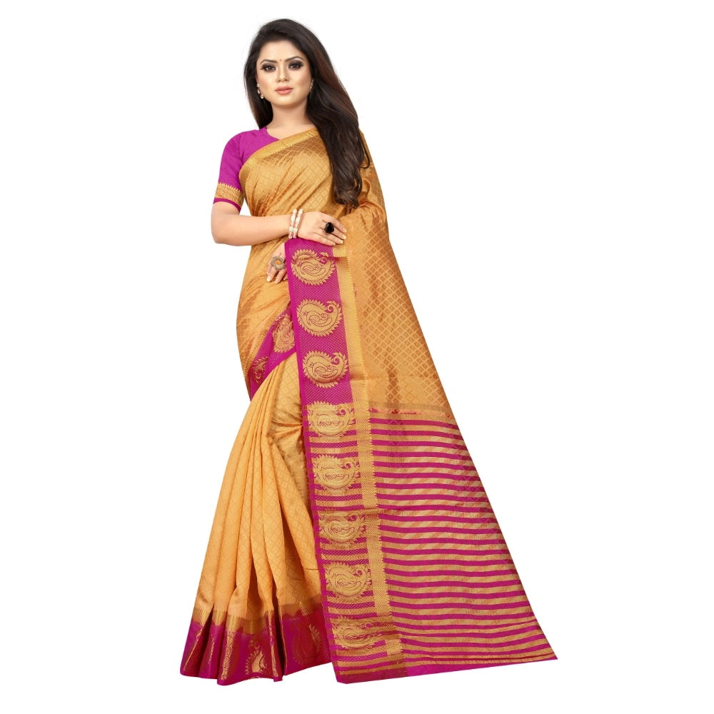 Generic Women's Kanjivaram Silk Saree With Unstitched Blouse Piece (Beige, 5-6 Mtrs)