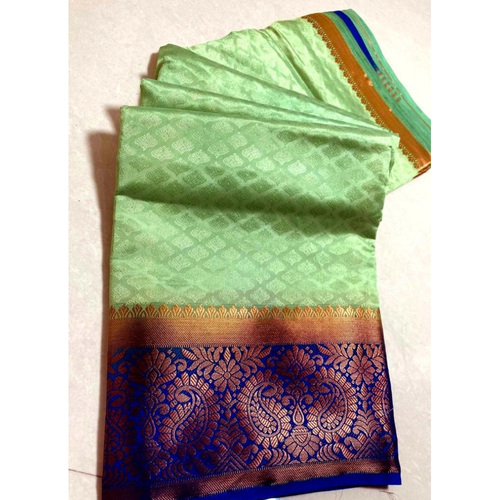 Generic Women's Kanjivaram Silk Saree With Unstitched Blouse Piece (Light Green, 5-6 Mtrs)