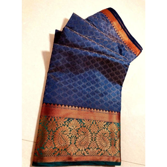 Generic Women's Kanjivaram Silk Saree With Unstitched Blouse Piece (Blue, 5-6 Mtrs)