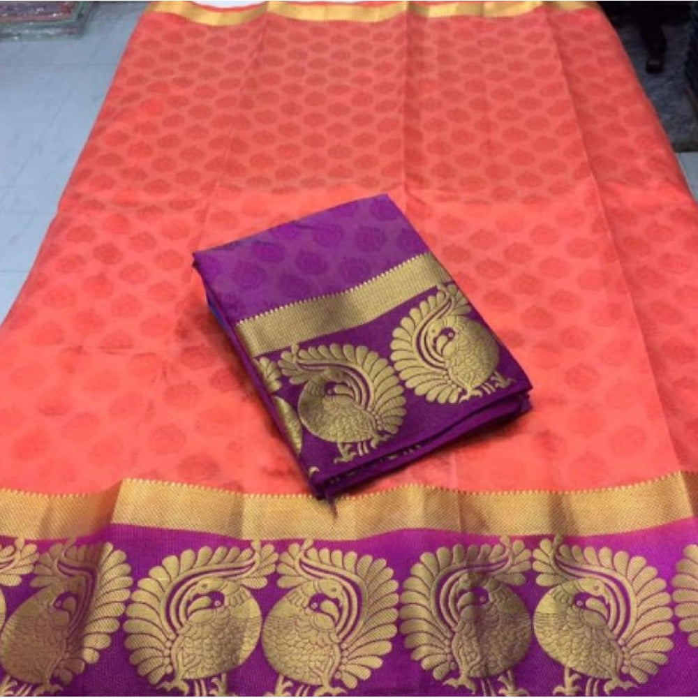 Generic Women's Kanjivaram Silk Saree With Unstitched Blouse Piece (Peach, 5-6 Mtrs)