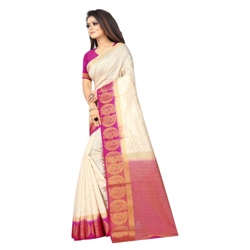 Generic Women's Kanjivaram Silk Saree With Unstitched Blouse Piece (White, 5-6 Mtrs)