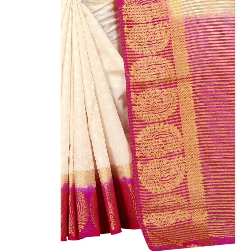 Generic Women's Kanjivaram Silk Saree With Unstitched Blouse Piece (White, 5-6 Mtrs)