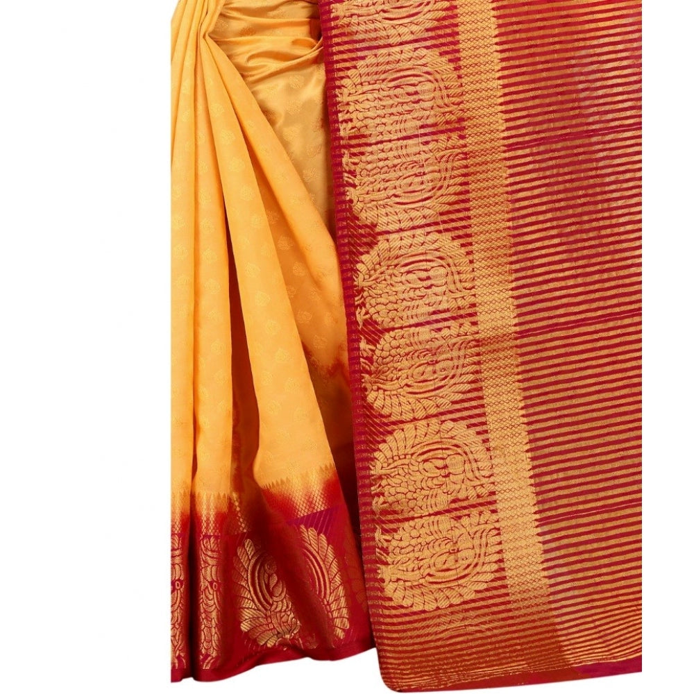 Generic Women's Kanjivaram Silk Saree With Unstitched Blouse Piece (Yellow, 5-6 Mtrs)