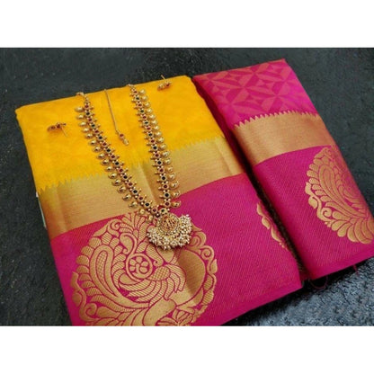 Generic Women's Kanjivaram Silk Saree With Unstitched Blouse Piece (Yellow, 5-6 Mtrs)