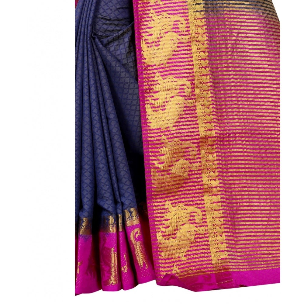 Generic Women's Kanjivaram Silk Saree With Unstitched Blouse Piece (Navy Blue, 5-6 Mtrs)