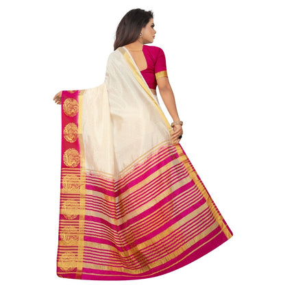 Generic Women's Kanjivaram Silk Saree With Unstitched Blouse Piece (White, 5-6 Mtrs)