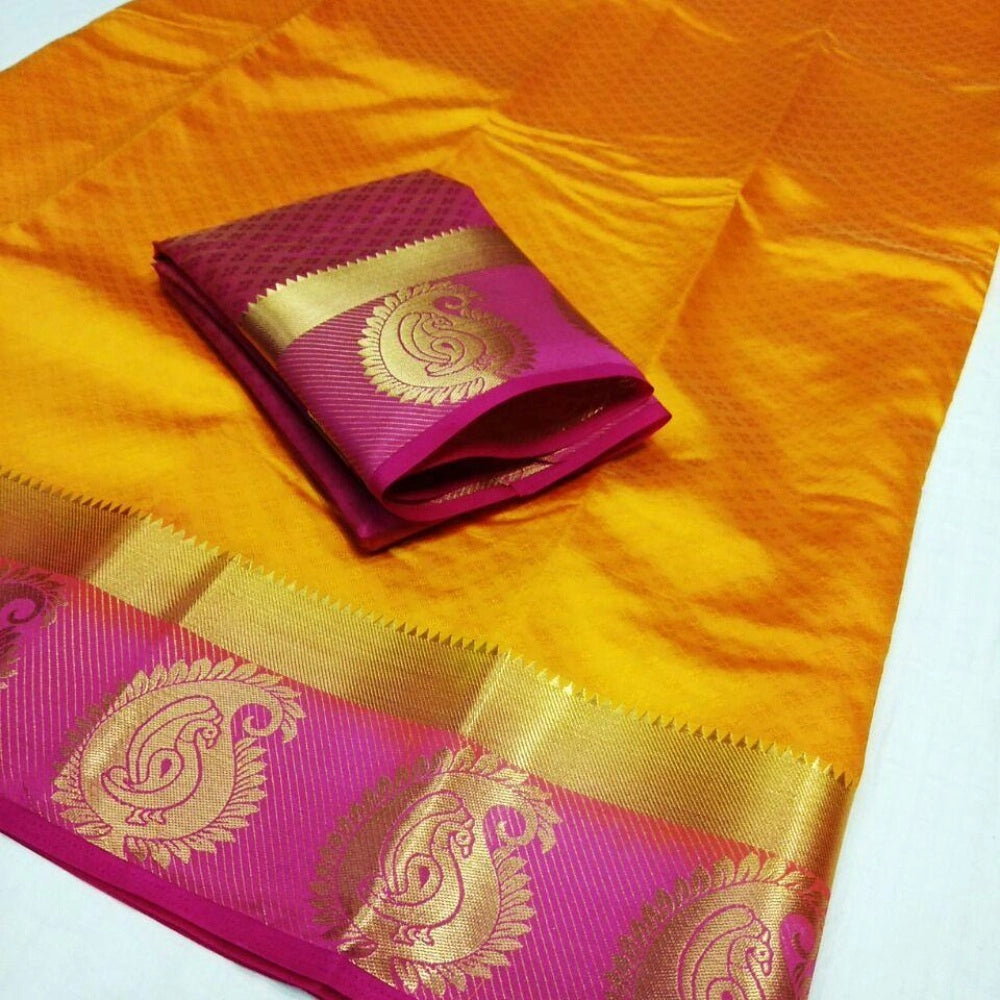 Generic Women's Kanjivaram Silk Saree With Unstitched Blouse Piece (Yellow, 5-6 Mtrs)