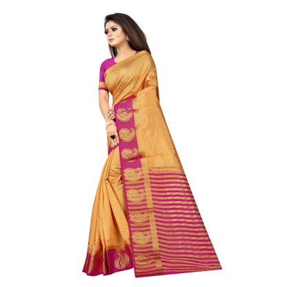 Generic Women's Kanjivaram Silk Saree With Unstitched Blouse Piece (Beige, 5-6 Mtrs)