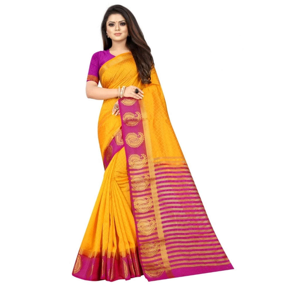 Generic Women's Kanjivaram Silk Saree With Unstitched Blouse Piece (Yellow, 5-6 Mtrs)