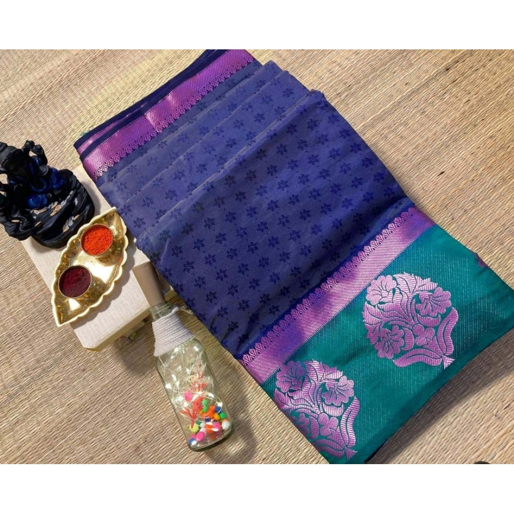 Generic Women's Kanjivaram Silk Saree With Unstitched Blouse Piece (Blue, 5-6 Mtrs)