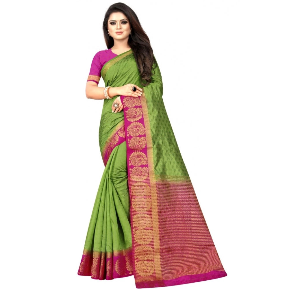 Generic Women's Kanjivaram Silk Saree With Unstitched Blouse Piece (Green, 5-6 Mtrs)