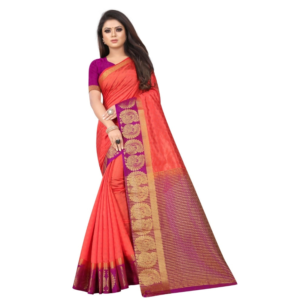 Generic Women's Kanjivaram Silk Saree With Unstitched Blouse Piece (Peach, 5-6 Mtrs)