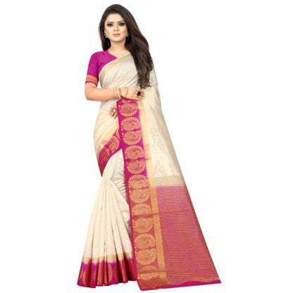 Generic Women's Kanjivaram Silk Saree With Unstitched Blouse Piece (White, 5-6 Mtrs)