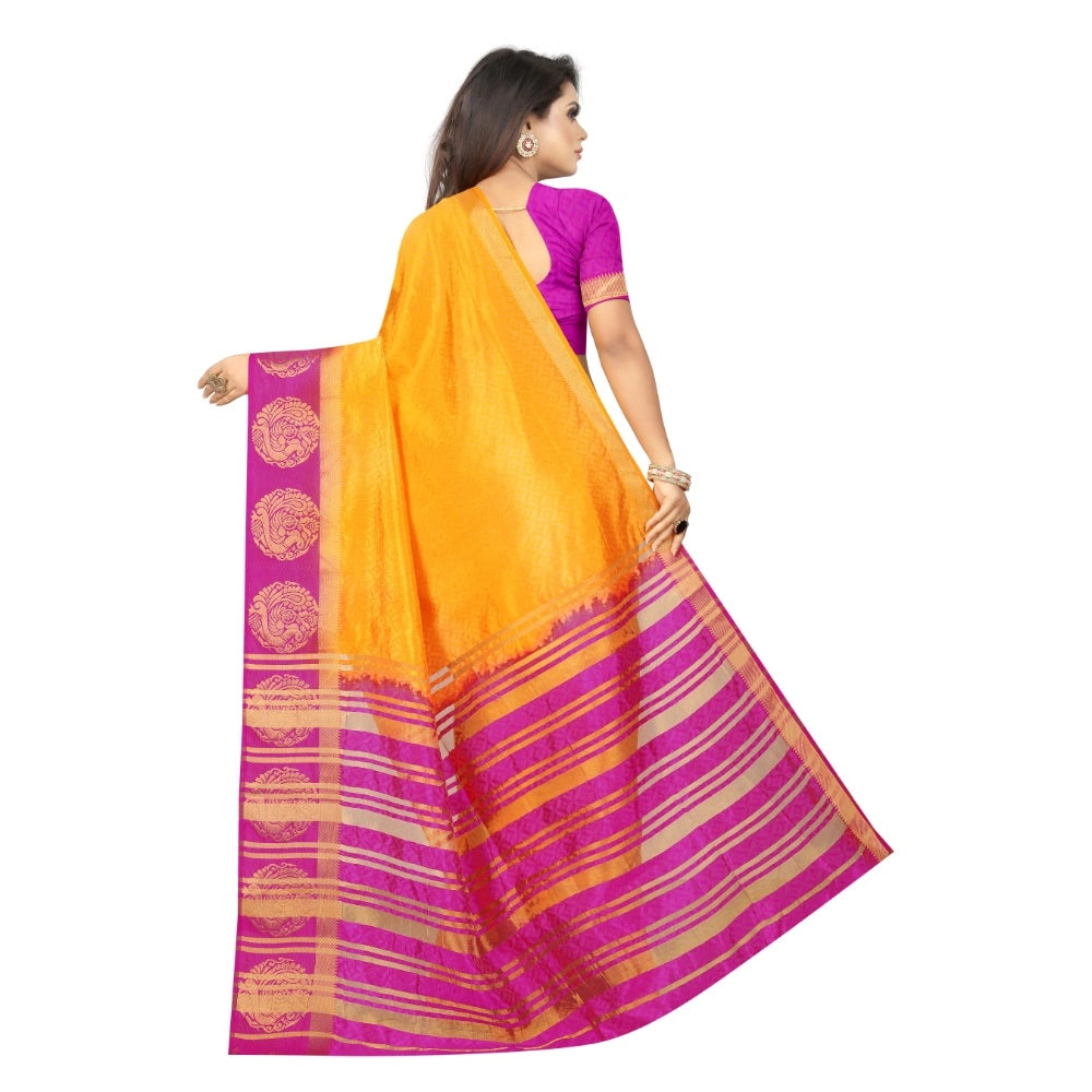 Generic Women's Kanjivaram Silk Saree With Unstitched Blouse Piece (Yellow, 5-6 Mtrs)