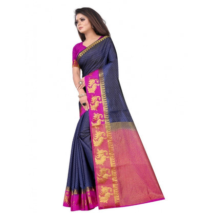 Generic Women's Kanjivaram Silk Saree With Unstitched Blouse Piece (Navy Blue, 5-6 Mtrs)