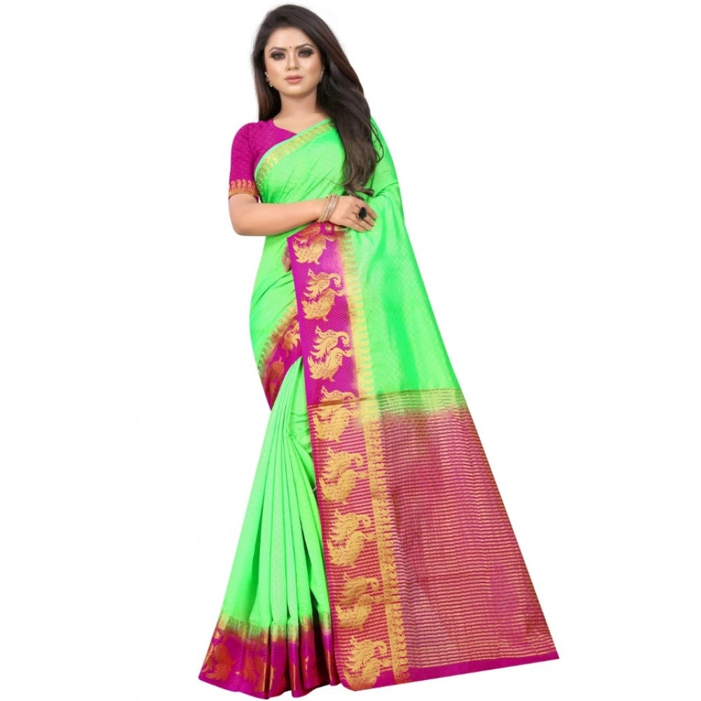 Generic Women's Kanjivaram Silk Saree With Unstitched Blouse Piece (Light Green, 5-6 Mtrs)