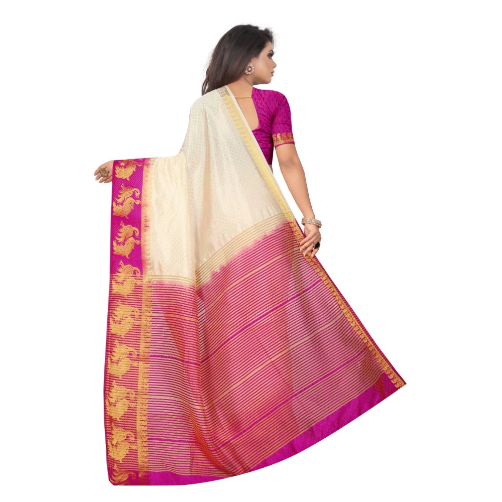 Generic Women's Kanjivaram Silk Saree With Unstitched Blouse Piece (White, 5-6 Mtrs)