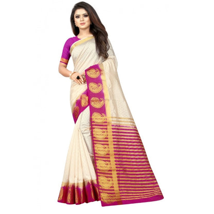 Generic Women's Kanjivaram Silk Saree With Unstitched Blouse Piece (White, 5-6 Mtrs)