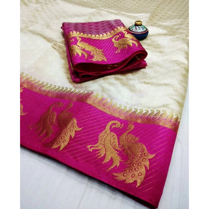 Generic Women's Kanjivaram Silk Saree With Unstitched Blouse Piece (White, 5-6 Mtrs)