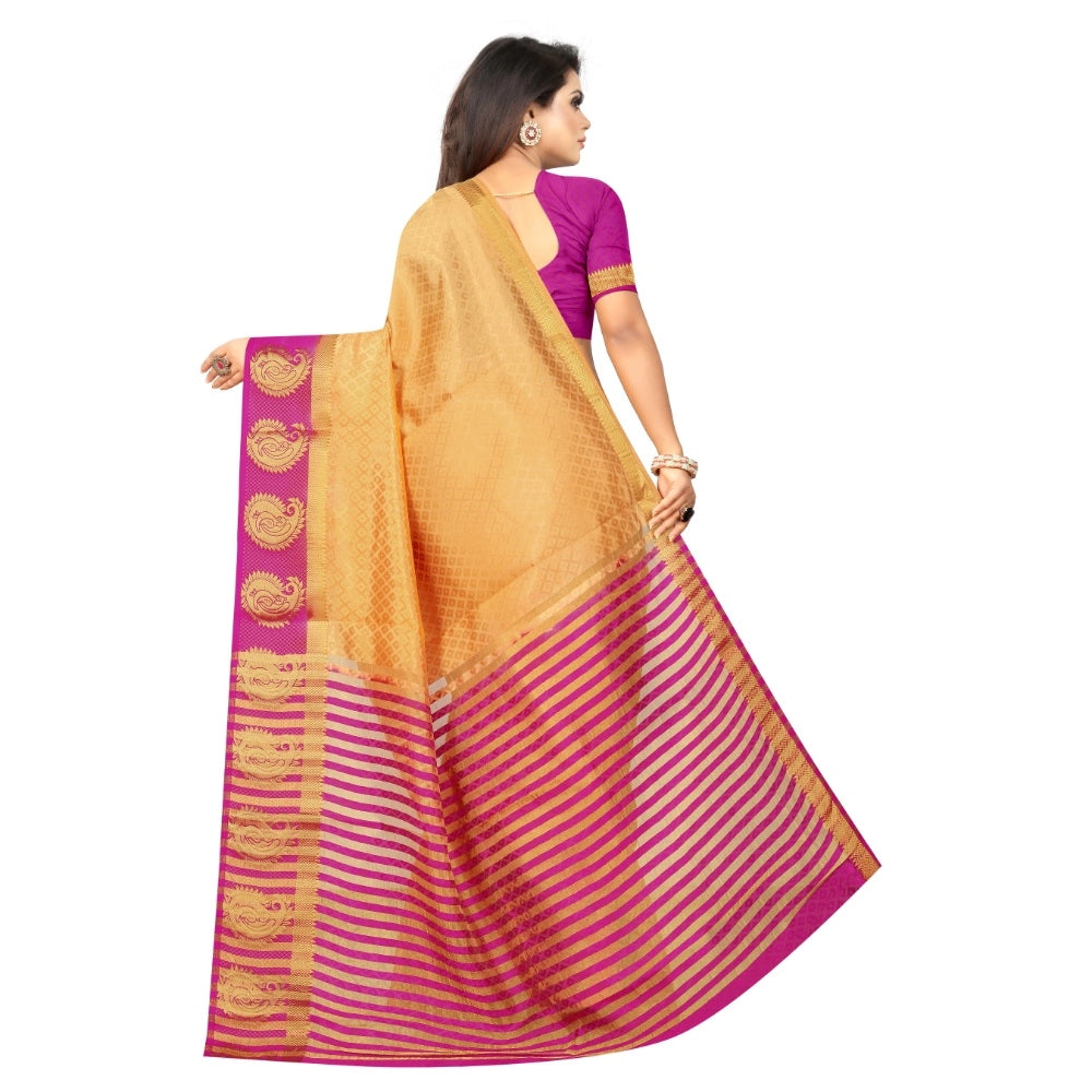 Generic Women's Kanjivaram Silk Saree With Unstitched Blouse Piece (Beige, 5-6 Mtrs)