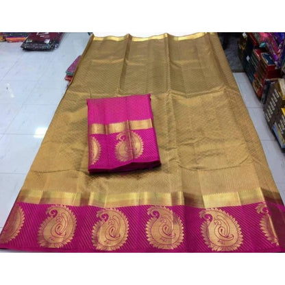 Generic Women's Kanjivaram Silk Saree With Unstitched Blouse Piece (Beige, 5-6 Mtrs)