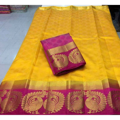 Generic Women's Kanjivaram Silk Saree With Unstitched Blouse Piece (Yellow, 5-6 Mtrs)