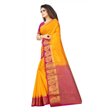 Generic Women's Kanjivaram Silk Saree With Unstitched Blouse Piece (Yellow, 5-6 Mtrs)