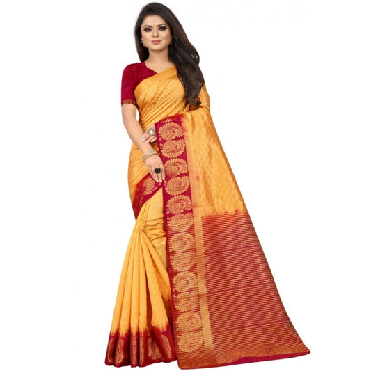 Generic Women's Kanjivaram Silk Saree With Unstitched Blouse Piece (Yellow, 5-6 Mtrs)