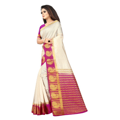 Generic Women's Kanjivaram Silk Saree With Unstitched Blouse Piece (White, 5-6 Mtrs)