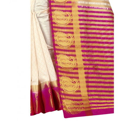 Generic Women's Kanjivaram Silk Saree With Unstitched Blouse Piece (White, 5-6 Mtrs)