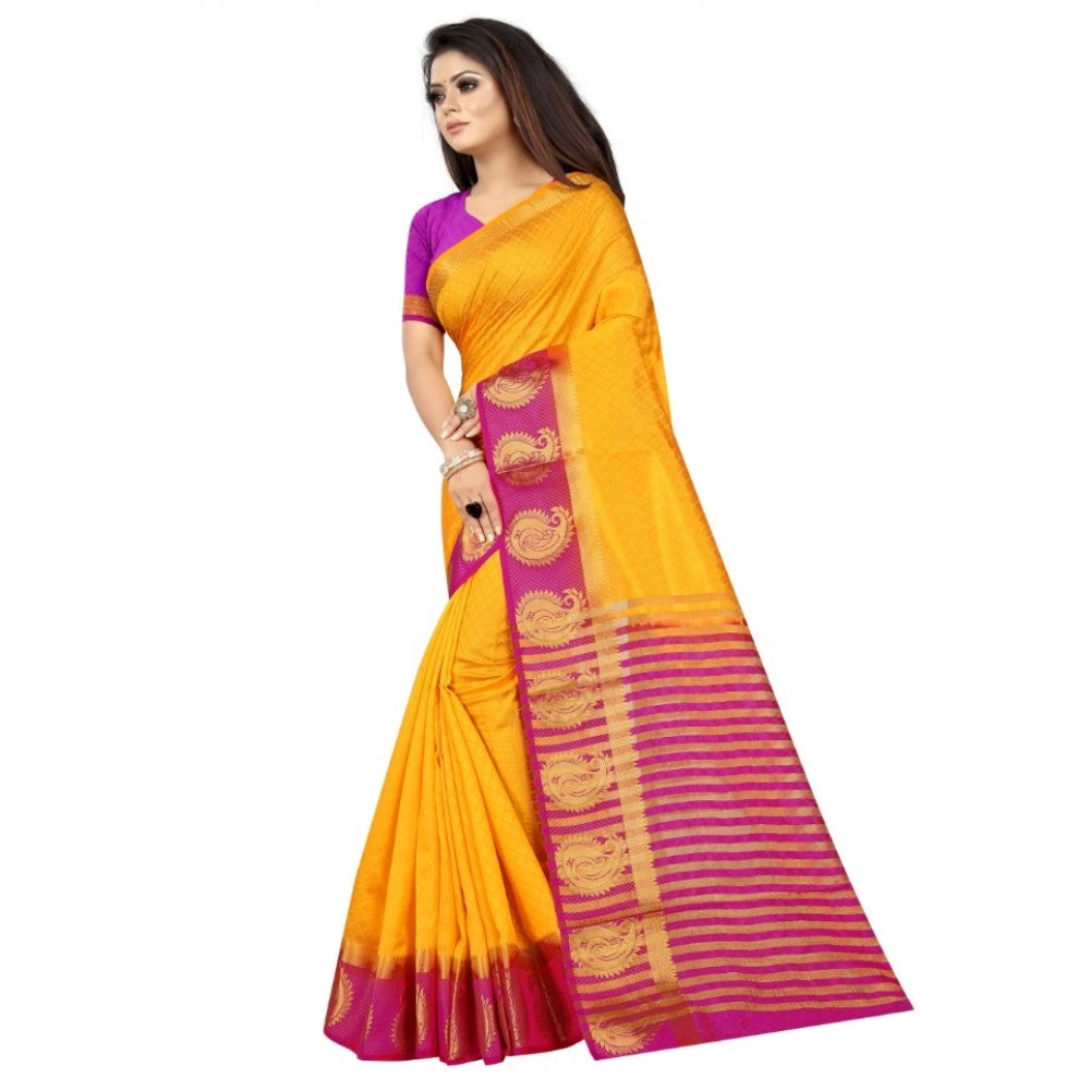 Generic Women's Kanjivaram Silk Saree With Unstitched Blouse Piece (Yellow, 5-6 Mtrs)